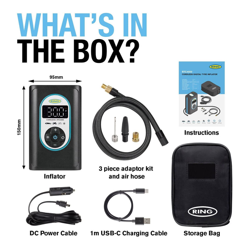 Ring Automotive RTC4000 cordless tyre inflator air compressor car pump. Recharge - Ring Automotive - My Roof Bars