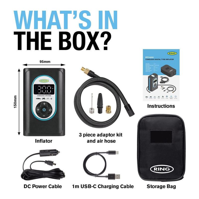 Ring Automotive RTC4000 cordless tyre inflator air compressor car pump. Recharge - Ring Automotive - My Roof Bars