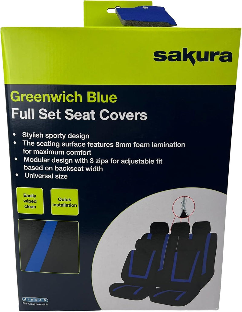 Sakura Greenwich Blue and Black Full Front Rear Seat Covers Set