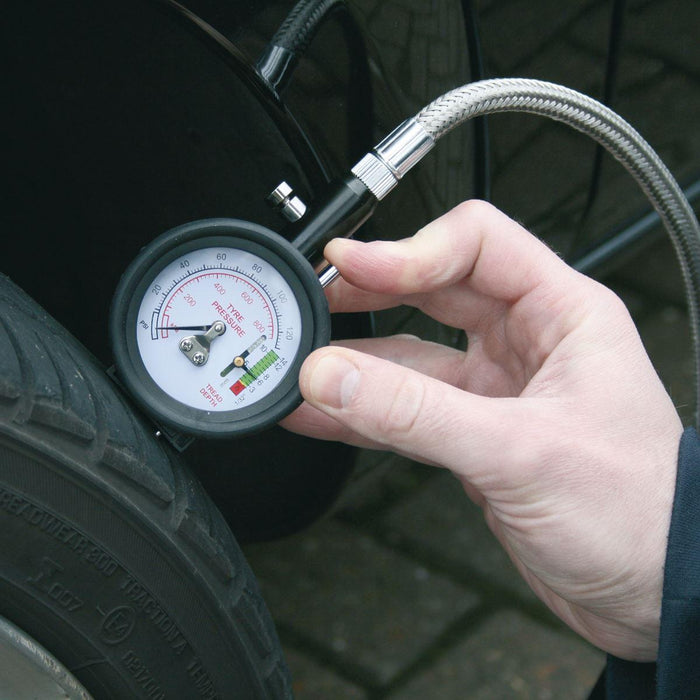 Sealey Tyre Pressure Gauge & Tyre Tread Depth Gauge Flexible Hose 0-8bar(0-120ps - Sealey - My Roof Bars