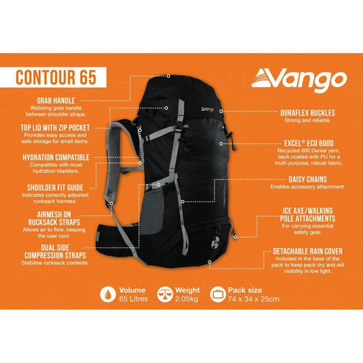 Vango Contour 65 Black Rucksack Backpack - Vango - My Roof Bars