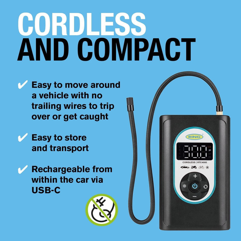 Ring Automotive RTC4000 cordless tyre inflator air compressor car pump. Recharge - Ring Automotive - My Roof Bars