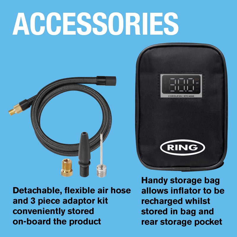 Ring Automotive RTC4000 cordless tyre inflator air compressor car pump. Recharge - Ring Automotive - My Roof Bars