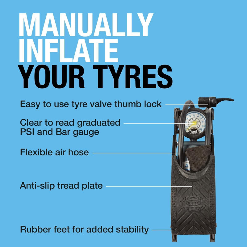 Ring RFP1 Single Barrel Footpump, with Footplate Clips and Adaptor Set - Ring Automotive - My Roof Bars