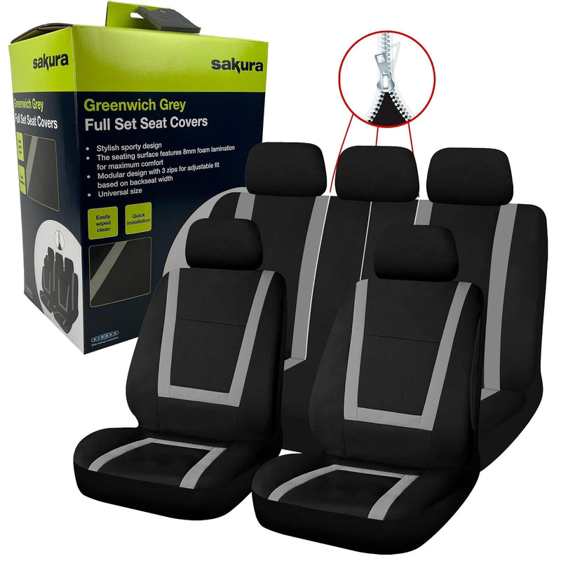 Sakura Greenwich Seat Cover Front & Rear Set Grey 7 Piece with Zip