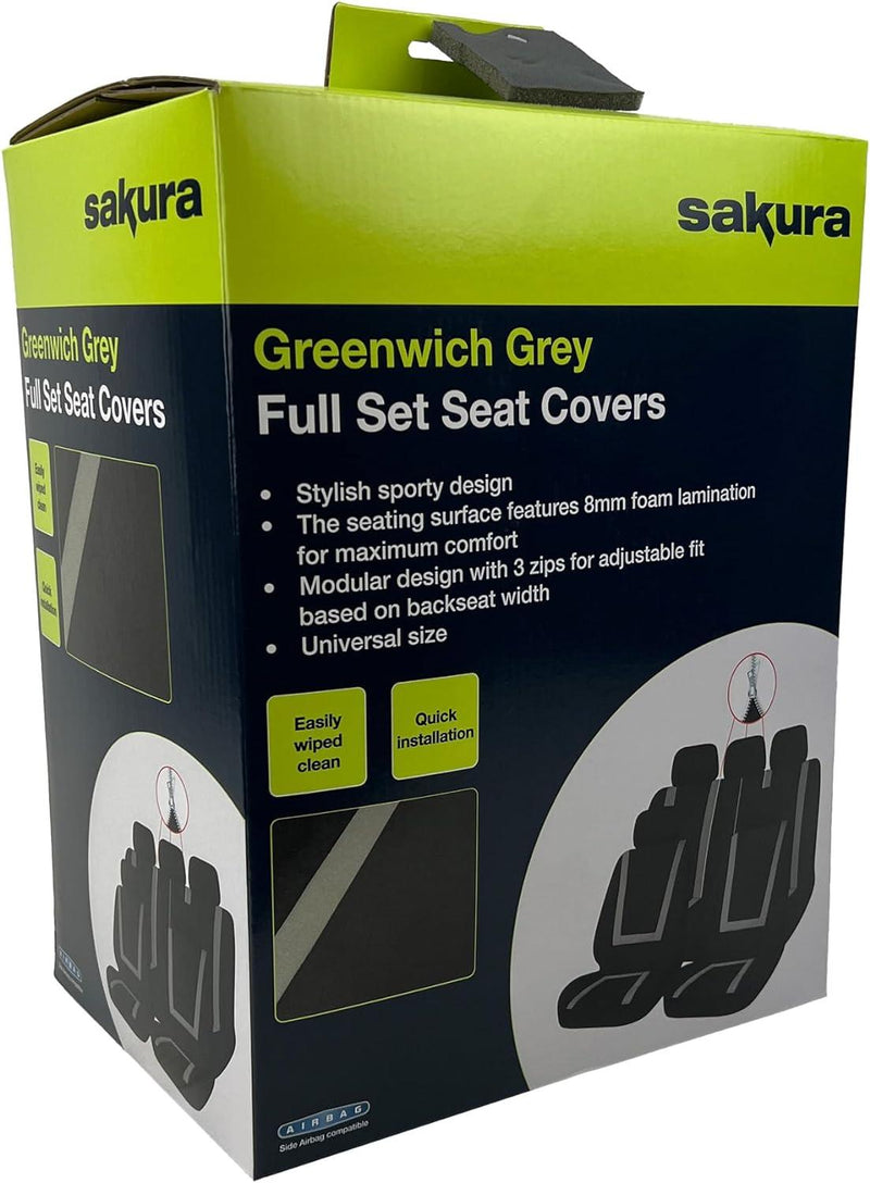 Sakura Greenwich Seat Cover Front & Rear Set Grey 7 Piece with Zip