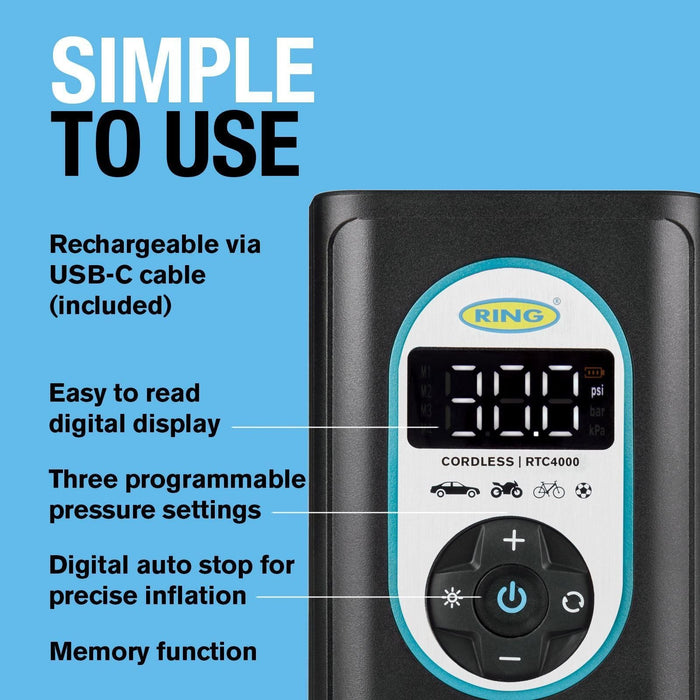 Ring Automotive RTC4000 cordless tyre inflator air compressor car pump. Recharge - Ring Automotive - My Roof Bars