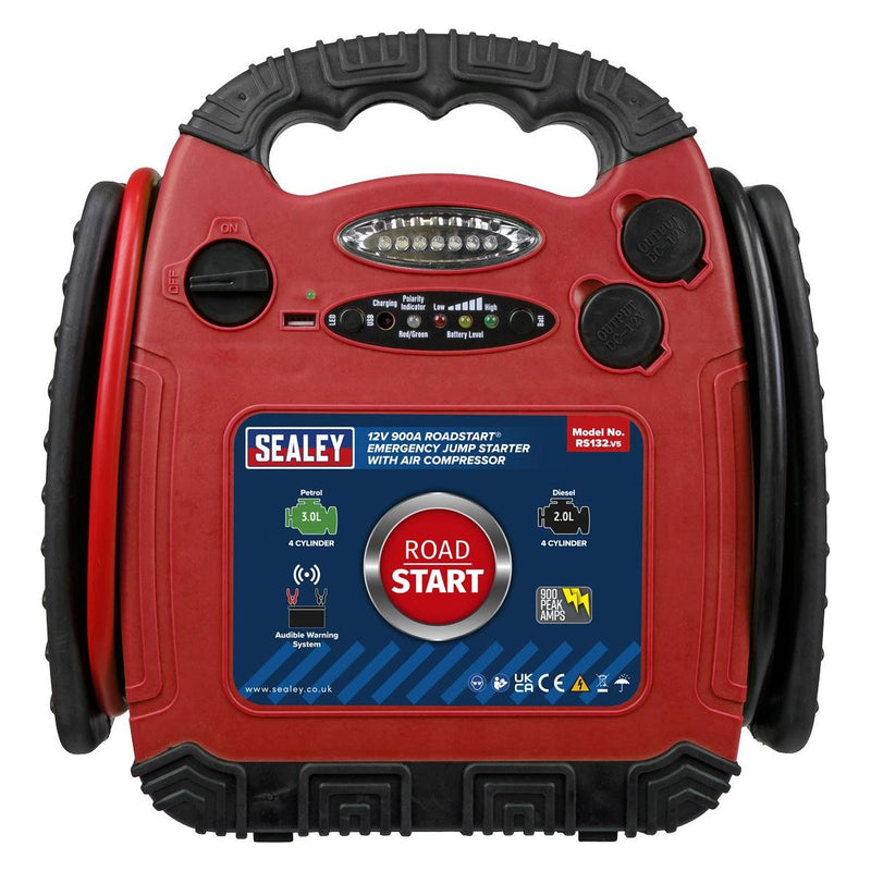 Sealey RoadStartï Emergency Jump Starter with Air Compressor 12V 900 Peak Amps - Sealey - My Roof Bars