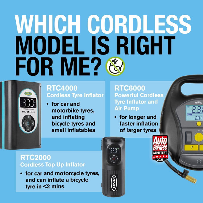 Ring Automotive RTC4000 cordless tyre inflator air compressor car pump. Recharge - Ring Automotive - My Roof Bars