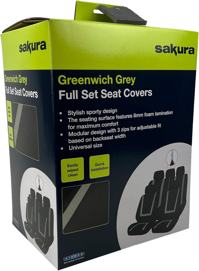 Sakura Greenwich Grey and Black Full Front Rear Seat Covers Set