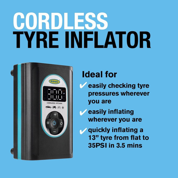 Ring Automotive RTC4000 cordless tyre inflator air compressor car pump. Recharge - Ring Automotive - My Roof Bars