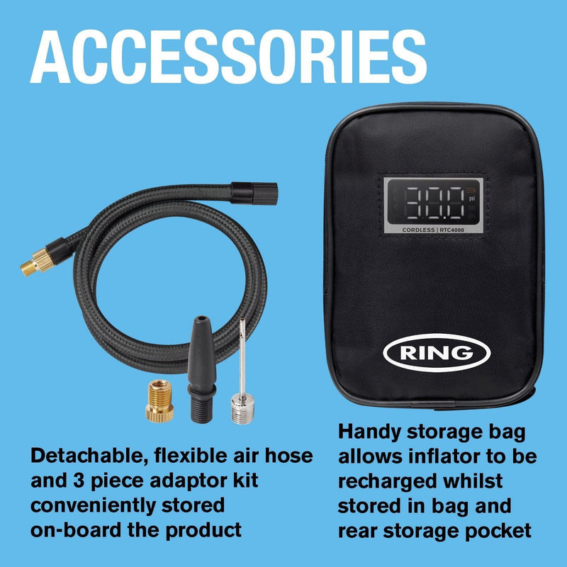 Ring Automotive RTC4000 cordless tyre inflator air compressor car pump. Recharge - Ring Automotive - My Roof Bars