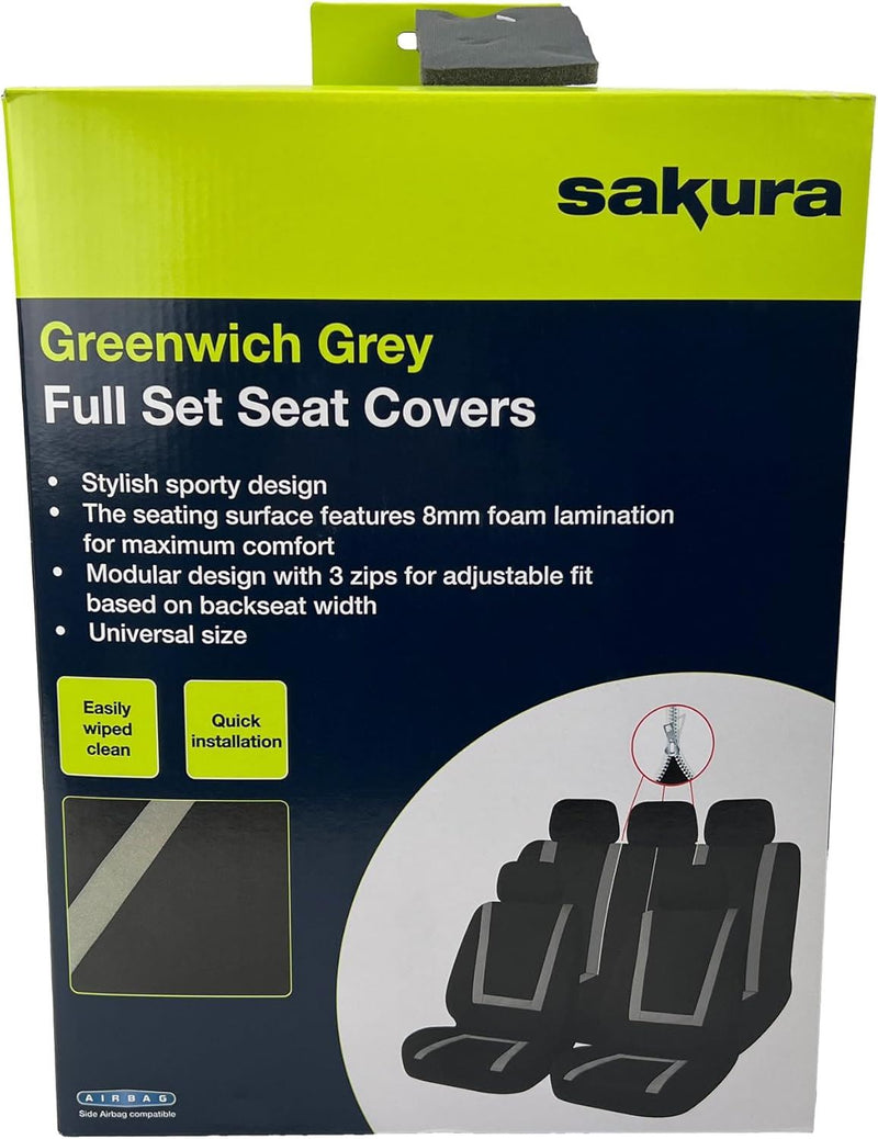 Sakura Greenwich Grey and Black Full Front Rear Seat Covers Set