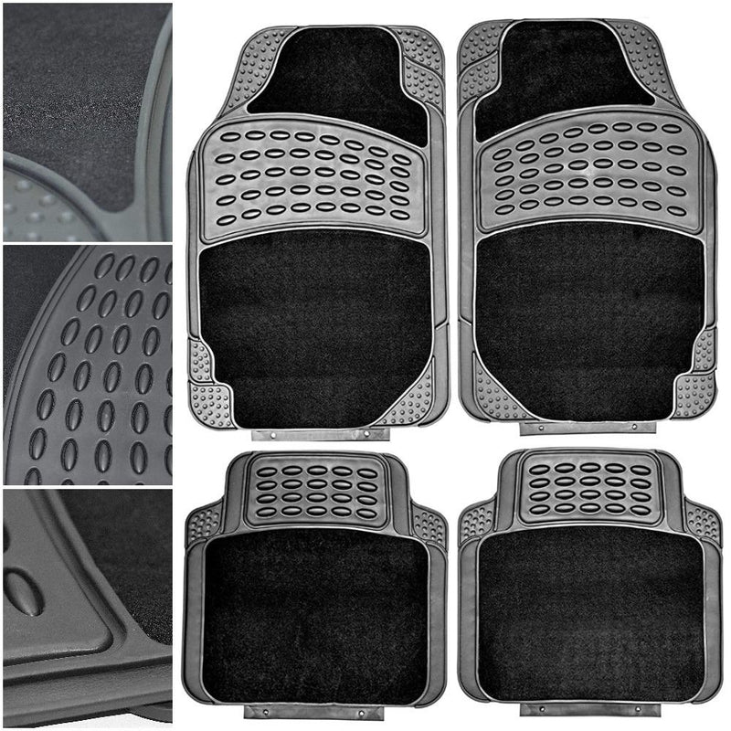 4 PCS Car Mats Rubber & Carpet Black Universal Fit Heavy Duty Non Slip