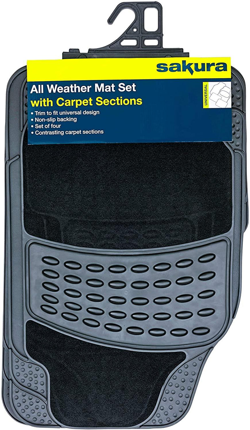 4 PCS Car Mats Rubber & Carpet Black Universal Fit Heavy Duty Non Slip - Sakura - My Roof Bars