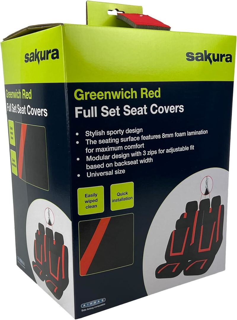 Sakura Greenwich Red and Black Full Front Rear Seat Covers Set