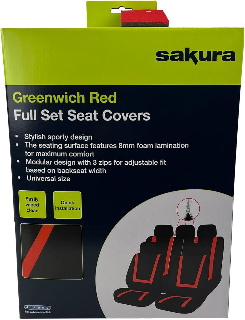 Sakura Greenwich Red and Black Full Front Rear Seat Covers Set