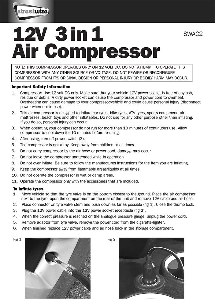 Streetwize Tyre Inflator - 12V - Compressor With Gauge & Light - 0-260 PSI - Streetwize - My Roof Bars