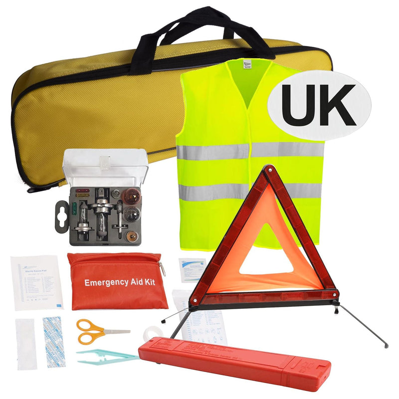 European Breakdown Emergency Travel Kit Triangle Vest Bulb Kit UK Sticker