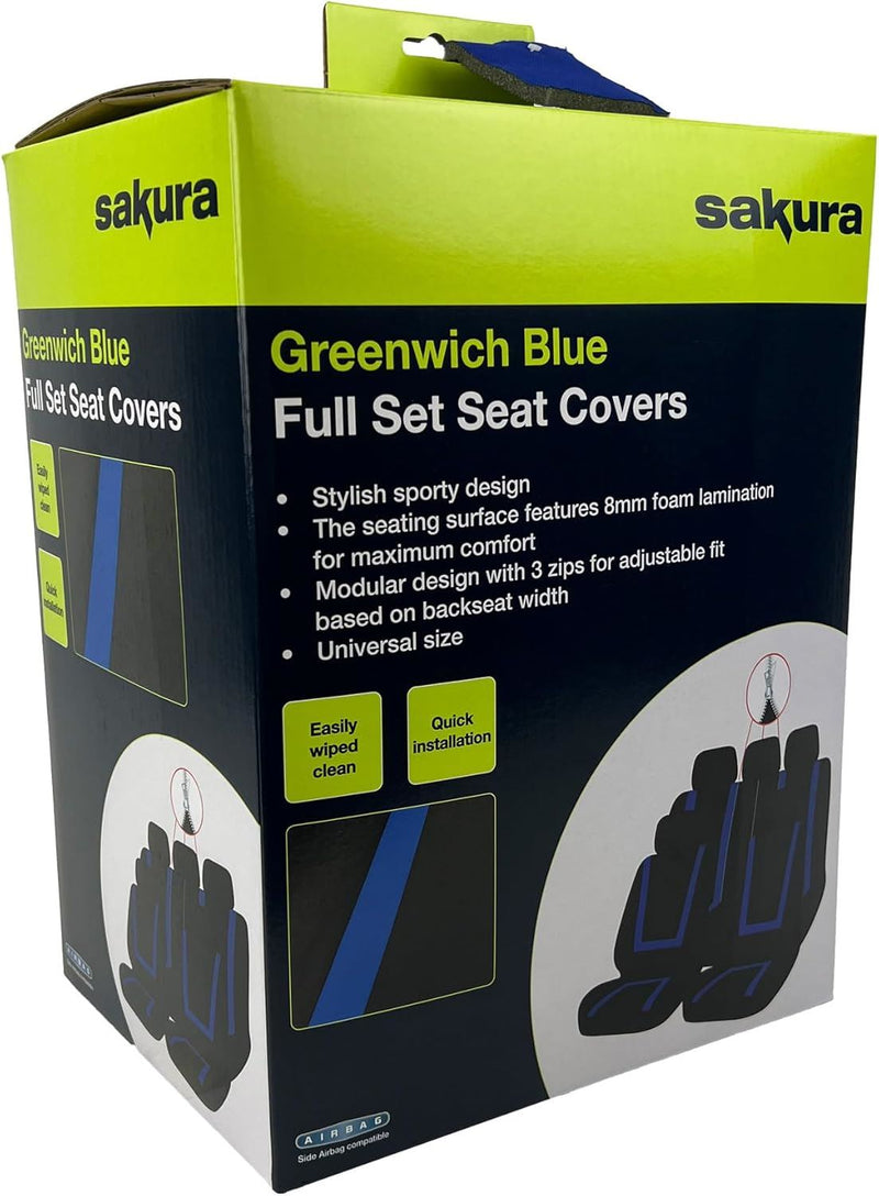 Sakura Greenwich Blue and Black Full Front Rear Seat Covers Set