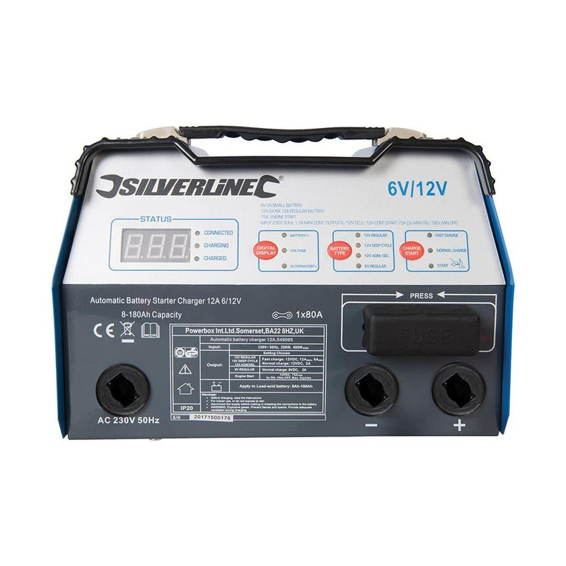 Silverline Automatic Battery Starter Charger 12A 6/12V 8-180Ah Capacity - Silverline - My Roof Bars